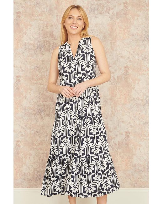 Yumi' Blue Retro Print Relaxed Midi Dress
