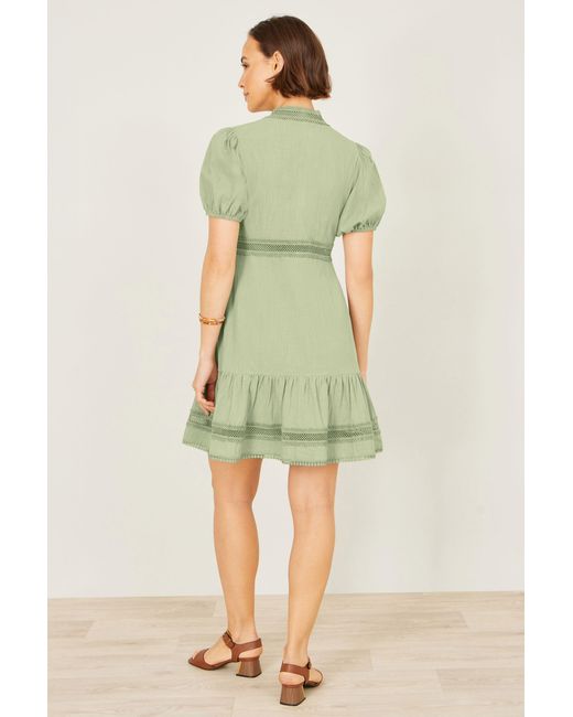 Yumi' Green Cotton Lace Trim Skater Shirt Dress