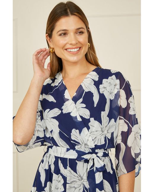 Yumi' Blue Mesh Bird And Floral Print Midi Dress With Ruffles