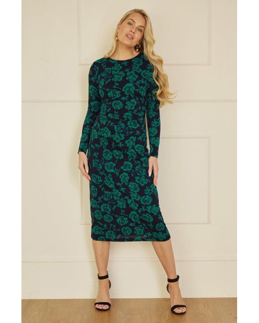 Yumi' Blue Floral Fitted Mesh Midi Dress With Long Sleeves