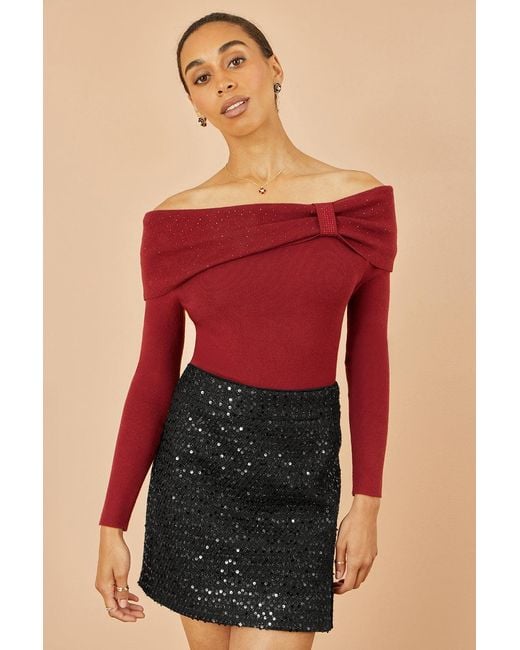 Yumi' Red Sparkle Bardot Jumper With Diamante Detail