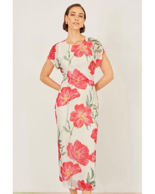Yumi' Red Poppy Print Midi Mesh Dress