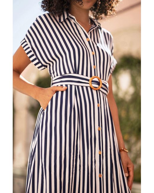 Yumi' Black Stripe Print Relaxed Midi Shirt Dress With Belt
