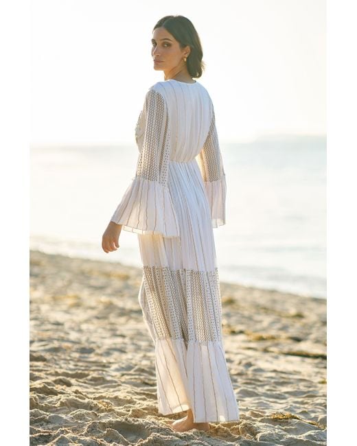 Yumi' Blue Metallic Embellished Maxi Dress With Long Sleeves
