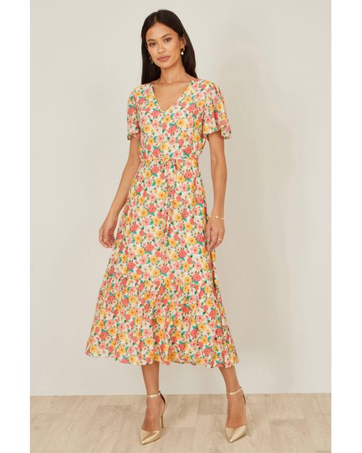 Yumi' Natural Multicolour Midi Tea Dress With Angel Sleeves