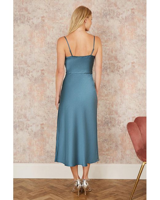 Yumi' Blue Satin Cowl Neck Midi Slip Dress