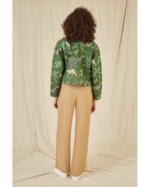 Yumi' Green Animal Print Reversible Cotton Cropped Quilted Jacket