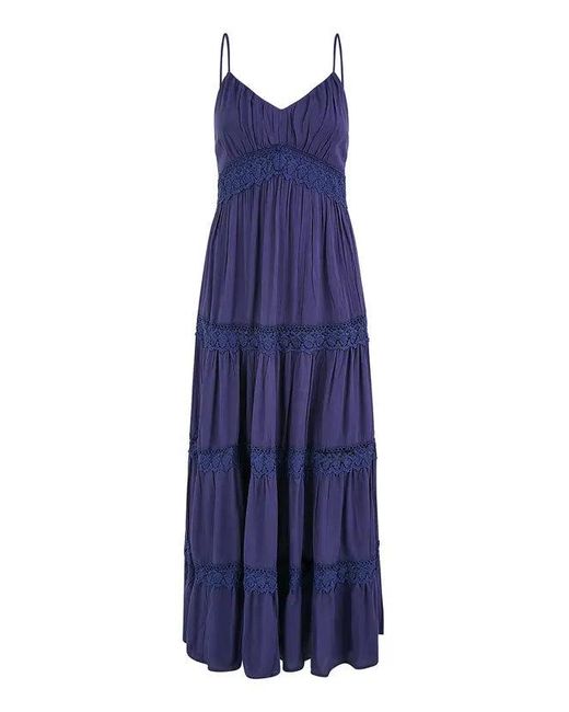 Yumi' Blue Lace Tiered Strappy Maxi Dress