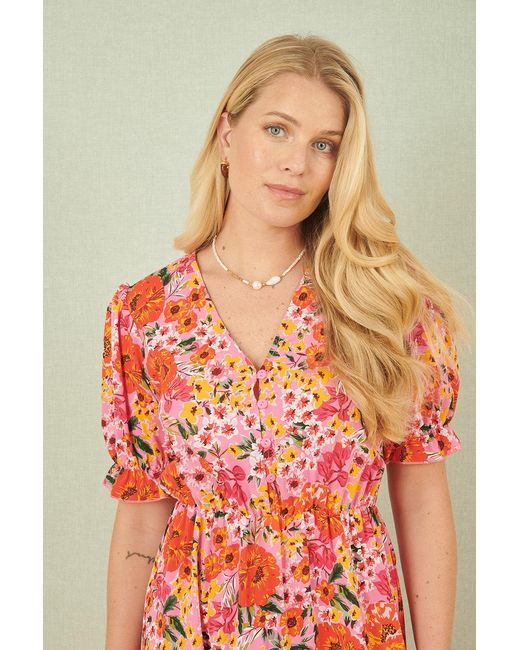 Yumi' Red Floral Midi Dress With Frill Hem And Puff Sleeves