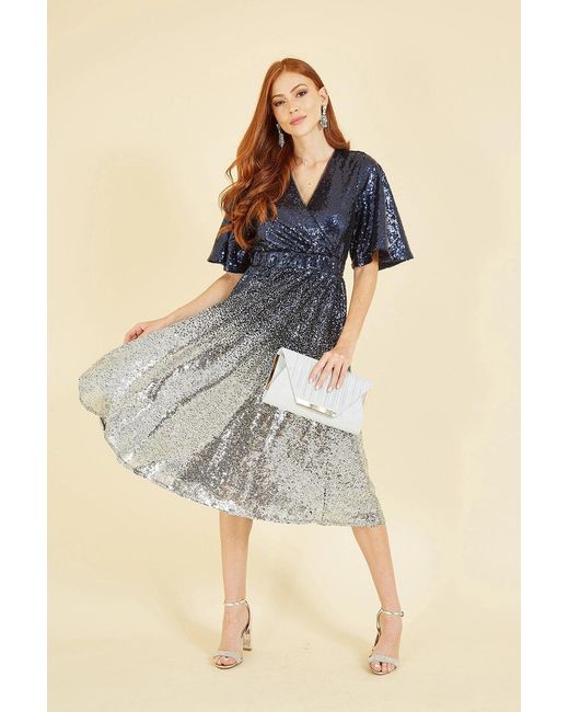 Yumi' Blue And Ombre Sequin Midi Wrap Dress