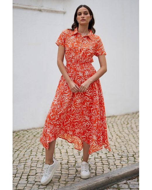 Yumi' Red Tropical Leaf Print Midi Ruched Shirt Dress