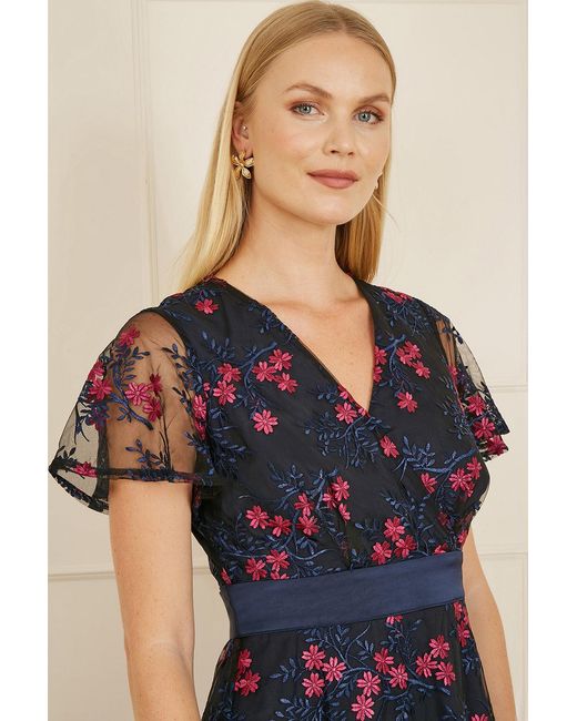 Yumi' Blue Embroidered Floral Mesh Wrap Midi Skater Dress
