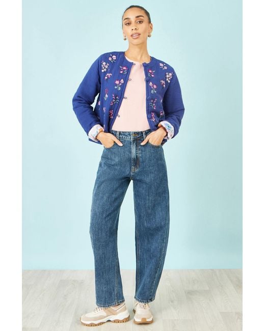Yumi' Blue Floral Embroidery Cotton Jacket