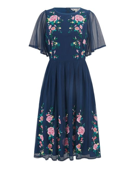 Yumi' Blue Embroidered Sleeve Prom Skater Dress