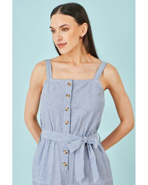 Yumi' Blue Cotton Stripe Button Through Jumpsuit