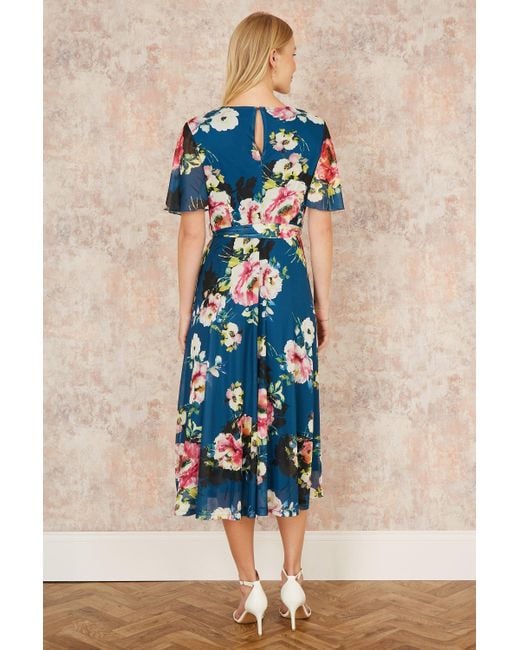 Yumi' Blue Mesh Floral Midi Dress With Angel Sleeves
