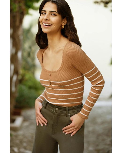 Yumi' Green Stripe Rib Knitted Long Sleeve Top With Button Details