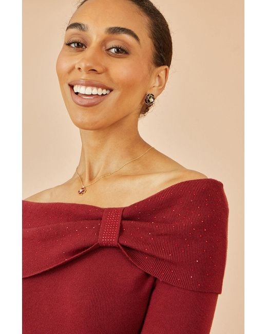 Yumi' Red Sparkle Bardot Jumper With Diamante Detail