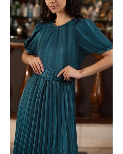 Yumi' Blue Satin Striped Midi Dress With Pleats And Matching Belt