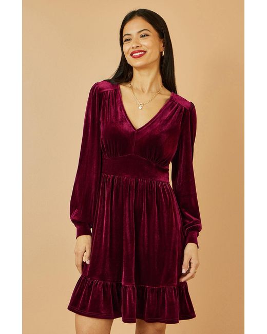 Yumi' Red Velvet Long Sleeve Skater Dress
