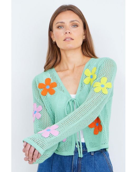 Yumi' Blue Mint Tie Front Cardigan With Flower Design