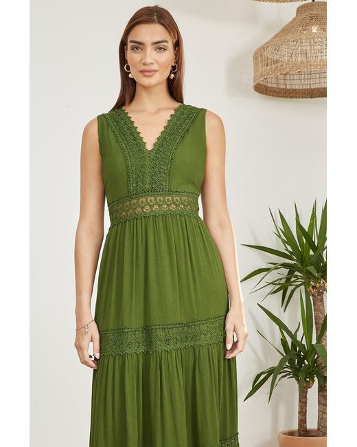Yumi' Green Lace Trim Cotton Midi Sun Dress