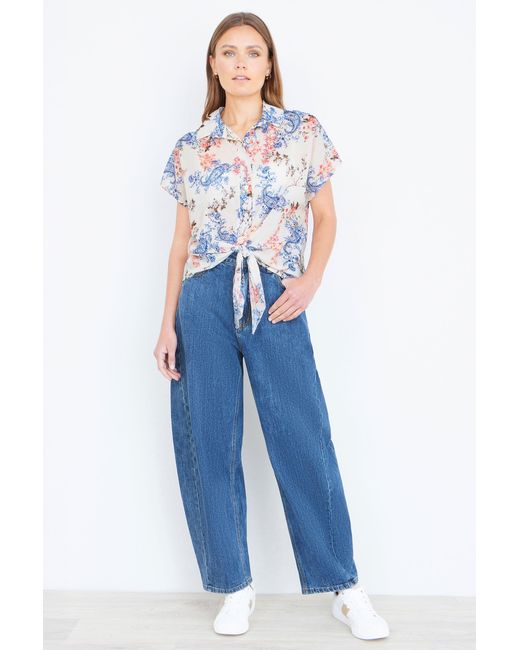 Yumi' White Cotton Paisley Print Tie Knot Shirt