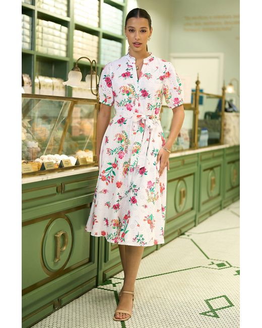 Yumi' Green Floral Print Cotton Broderie Anglaise Midi Shirt Dress