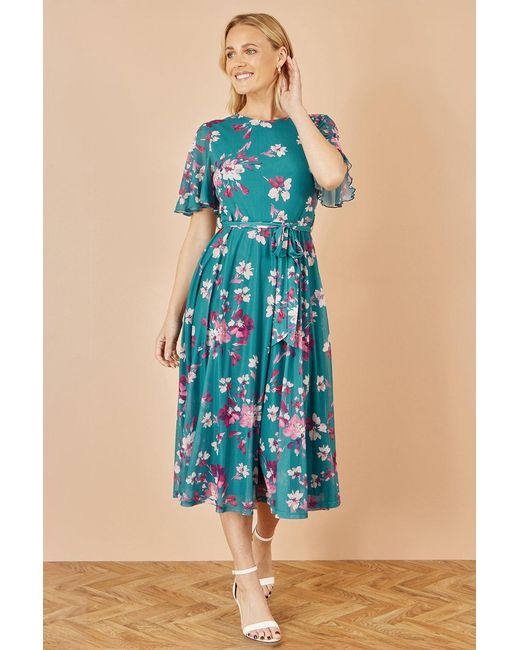 Yumi' Blue Mesh Skater Floral Midi Dress