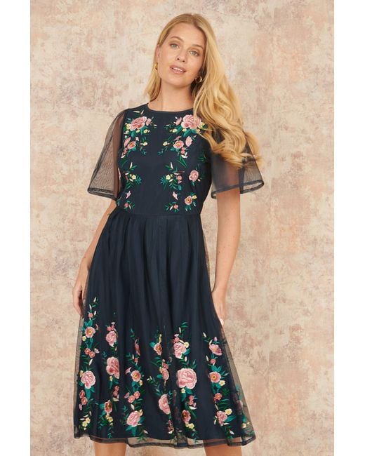 Yumi' Blue Embroidered Sleeve Prom Skater Dress