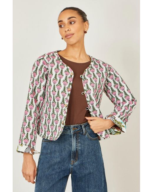 Yumi' Blue Botanical Print Reversible Cotton Quilted Jacket