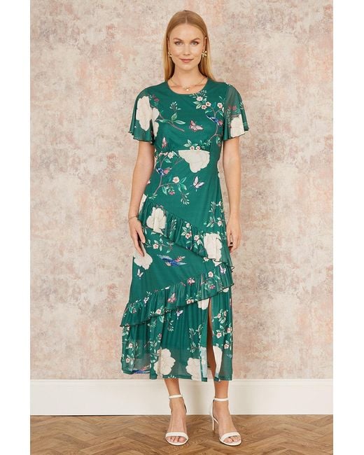 Yumi' Green Mesh Bird And Floral Print Midi Dress With Ruffles