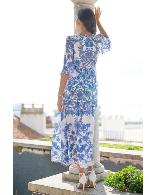 Yumi' Blue Paisley Wrap Maxi Dress With 3/4 Sleeve