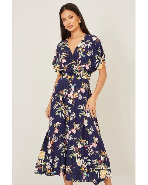 Yumi' Blue Viscose Floral Print Midi Dress With Ruched Waist