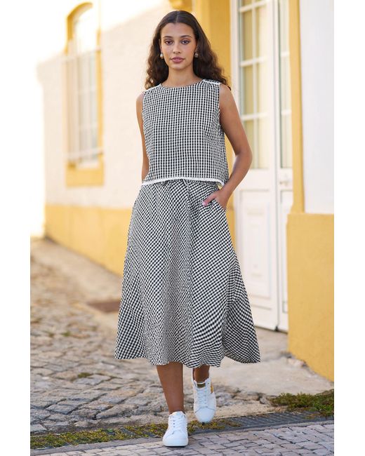 Yumi' Blue Gingham Cotton Top With Lace Trims