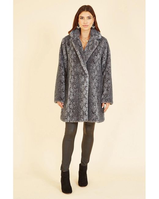 Yumi' Gray Snakeskin Print Faux Fur Coat