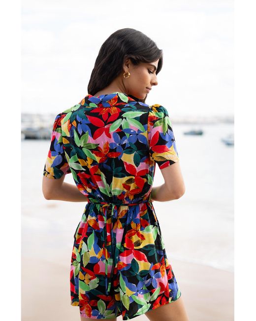 Yumi' Red Multicolour Tropical Leaf Print Playsuit