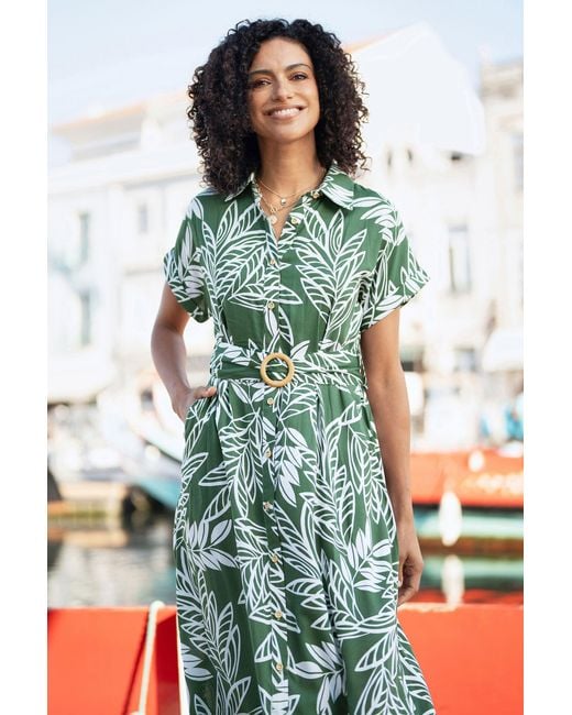 Yumi' Green Leaf Print Viscose Relaxed Midi Shirt Dress