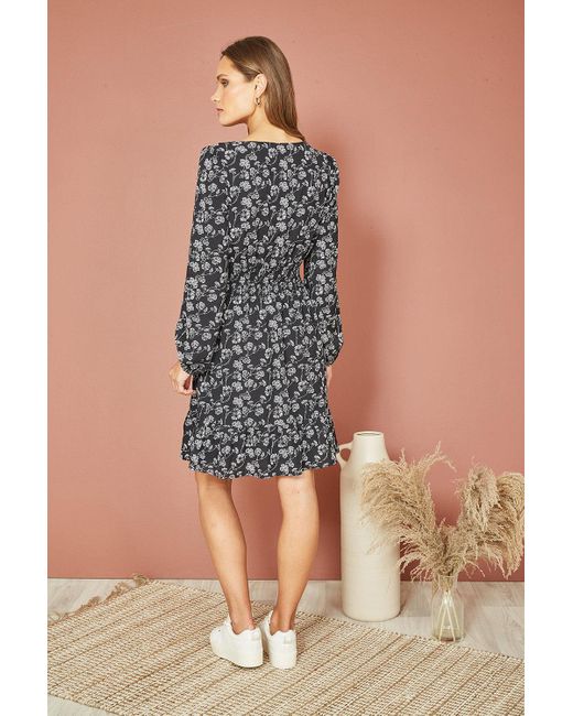 Mela Blue Floral Print Ruched Waist Long Sleeve Skater Dress