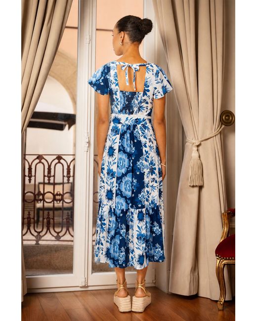 Yumi' Blue Floral Viscose Midi Shirt Dress With Matching Belt