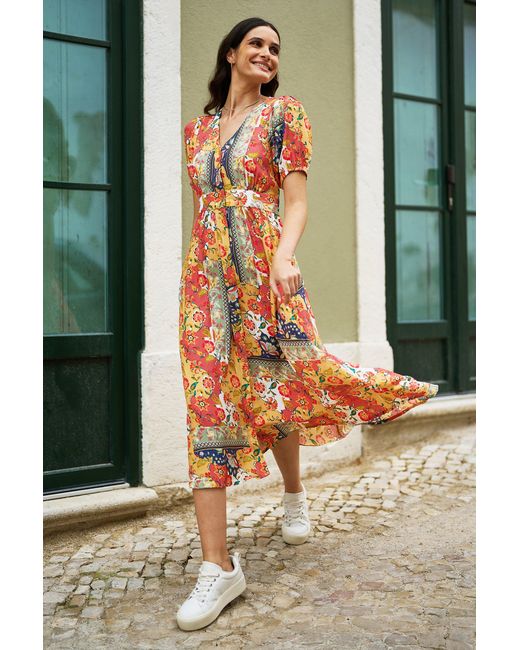 Yumi' Multicolor Multicolour Floral Patchwork Print Midi Shirt Dress