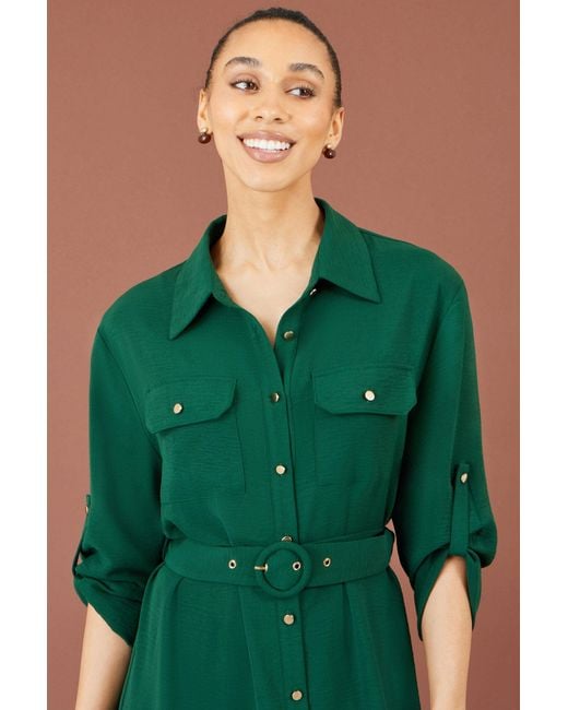 Yumi' Green Stretch Midi Shirt Dress