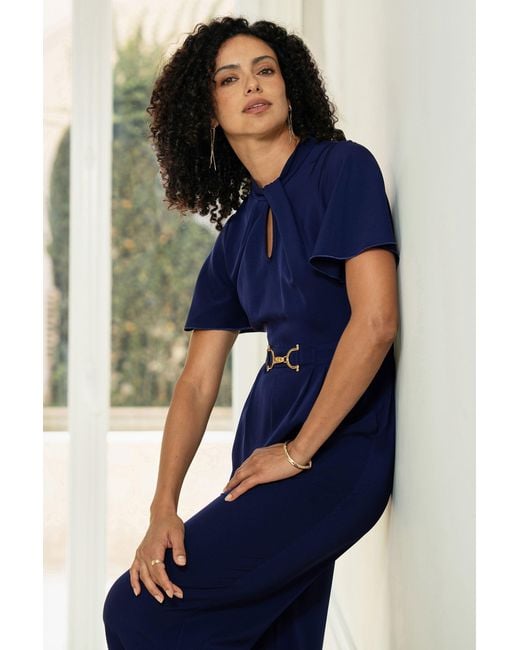 Yumi' Blue Buckle Jumpsuit With Twist Knot Detail