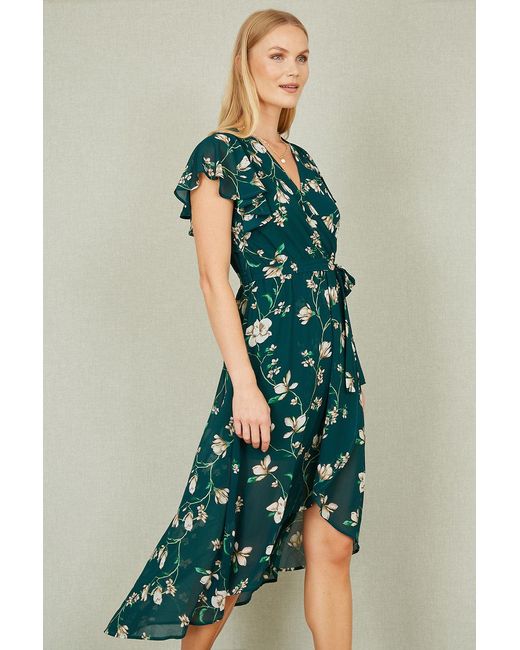 Yumi' Green Floral Wrap Midi Dress With Frill Hem