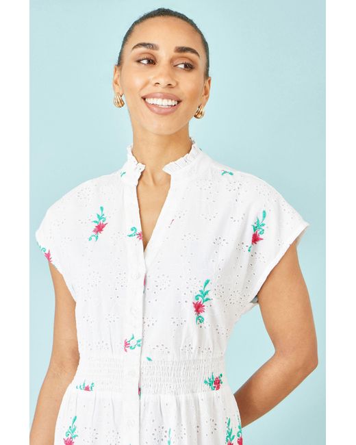 Yumi' Blue Cotton Broderie Anglaise Embroidered Midi Dress