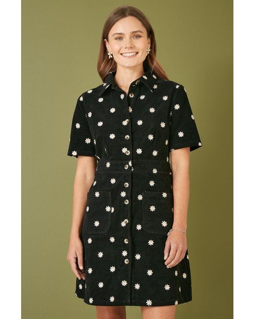 Yumi' Green Daisy Embroidered Cord Shirt Dress