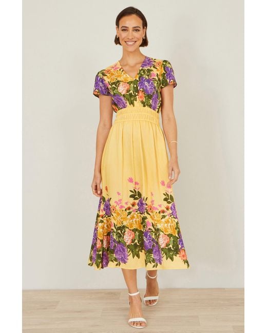 Yumi' Metallic Floral Mirror Print Viscose Midi Dress