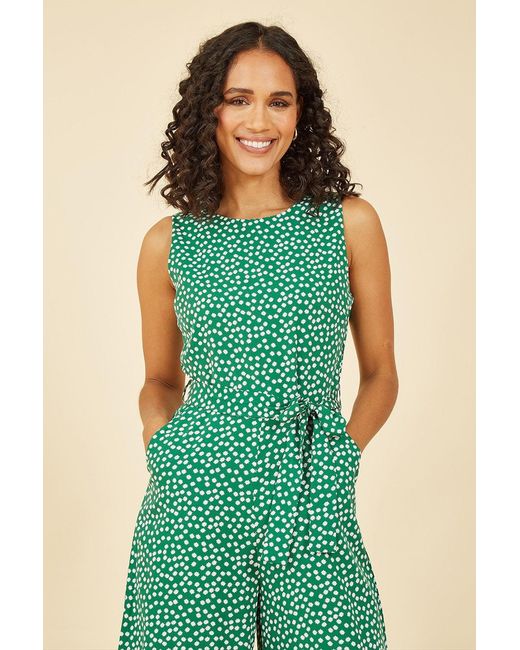 Yumi' Green Ditsy Daisy Sleeveless Culotte Jumpsuit