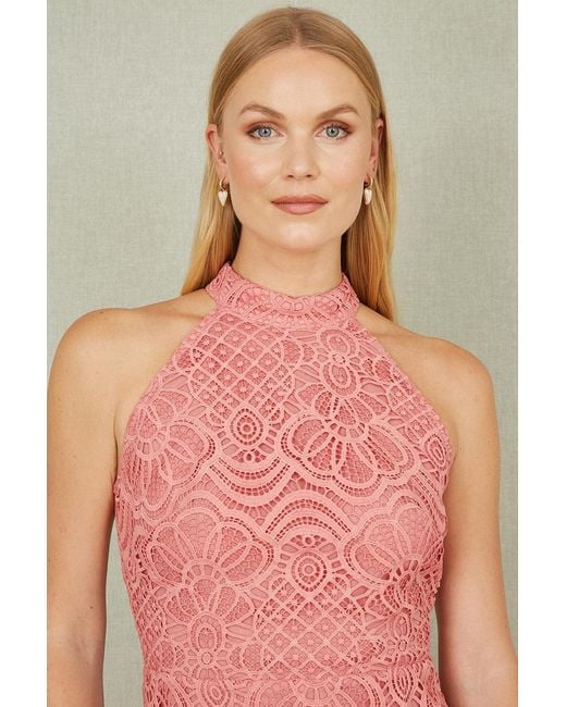 Yumi' Pink Lace Halter Neck Dress