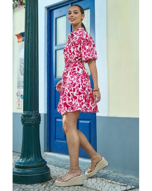 Yumi' Red Floral Print Viscose Relaxed Shirt Dress